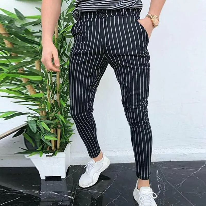 

2019 New Men Slim Fit Striper Trousers Tracksuit Pockets Button Skinny Joggers Sport Sweat Track Pants Streetwear Casual Bottoms