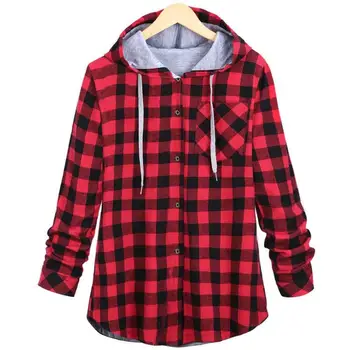 

Women Elegant Plaid Fleece Hooded Personality Printing Tops Daily Leisure Loose Version Cardigan Button Coat Jacket
