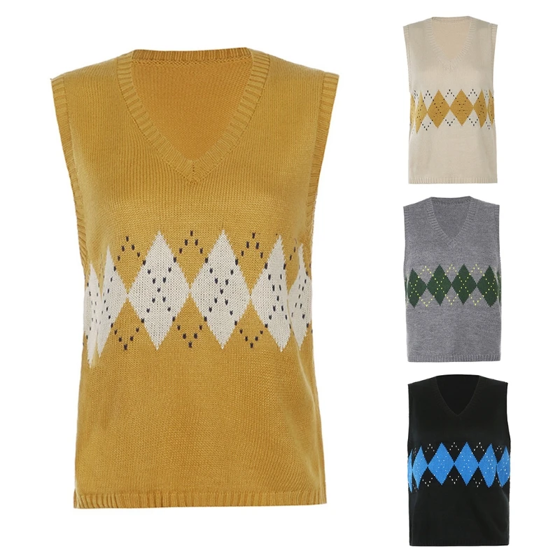 

Women Knitted Loose Sleeveless Vest V-Neck Argyle Plaid Pattern Sweater Tank Top