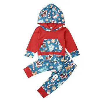 

Kids Clothes Newborn Baby Boys Xmas Cartton Outfits Red Hooded Sweatshirt Tops Hoodie+Blue Long Pants Toddler 2pcs Set Clothing