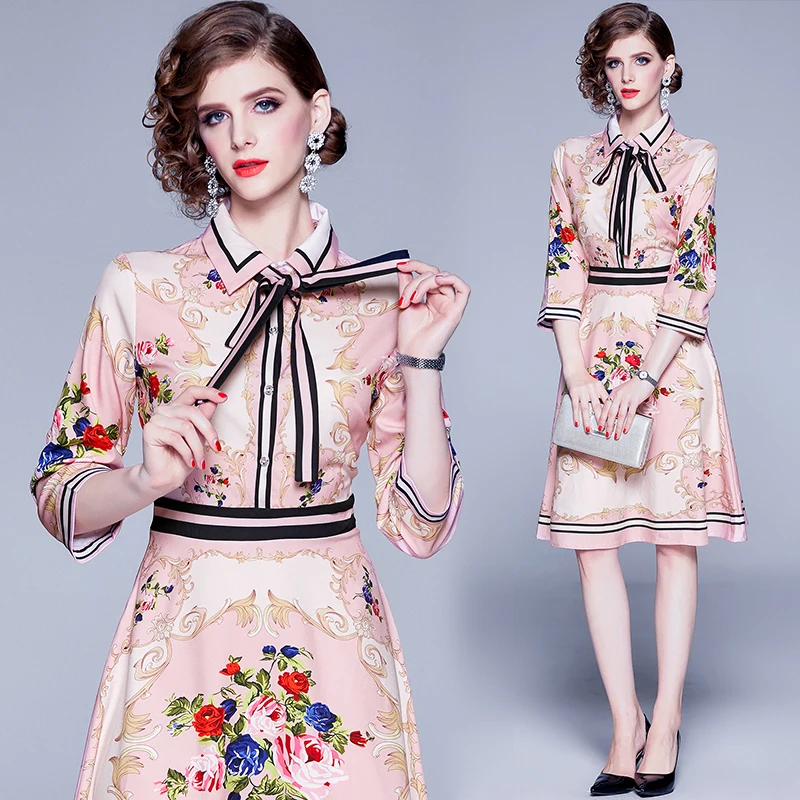 

2019 Elegant Fashion Runway Autumn Dress Women's Sweet Bow Tie Floral Printed High Waist Elegant Casual Holiday Mini Dresses