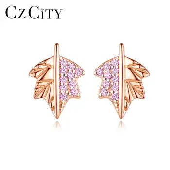 

CZCITY Stud Earrings for Women Romantic Maple Leaves Shape 925 Sterling Silver Fine Jewelry Dating Party Christmas Gifts SE537