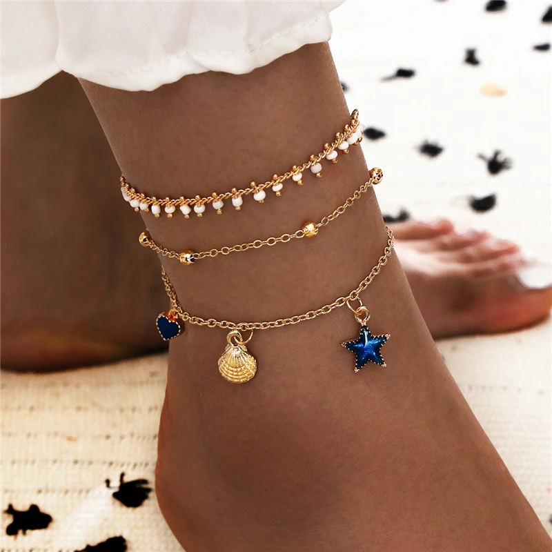 Women Ankle Shell Star Heart Pendant Chain Bracelet Bohe Charm Anklets For Ladies 3 Layered On Leg Foot Jewelry | Украшения и