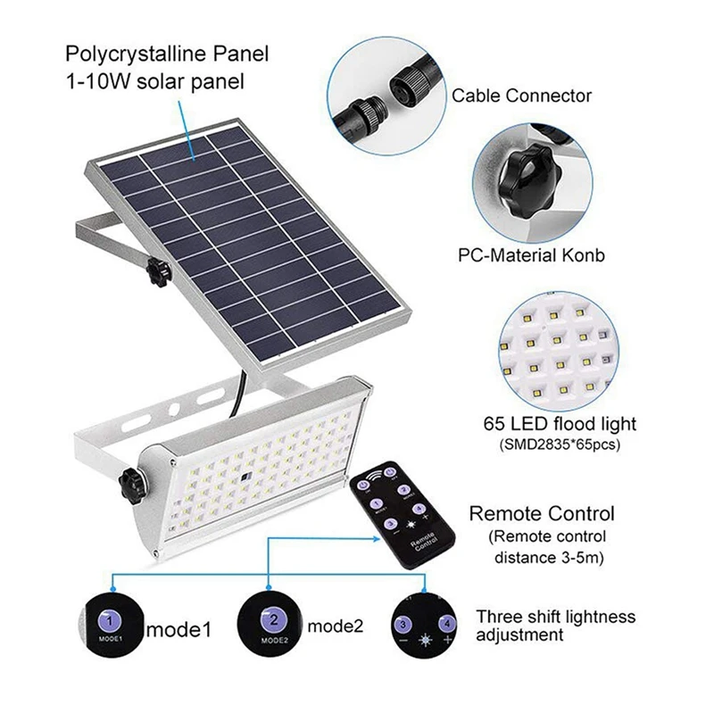 65 светодиодов Солнечный свет 1500Lm 12 Вт прожектор дистанционное управление Открытый водонепроницаемый светильник с солнечной батареей