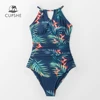 CUPSHE Teal Floral Cutout Halter One-Piece Swimsuit Sexy Lace Up Back Women Monokini 2022 New Beach Bathing Suits Swimwear ► Photo 1/6