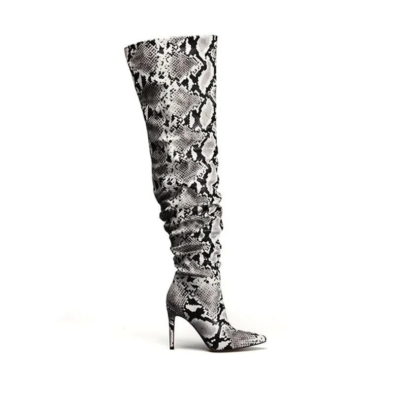 

Stylesowner Slouch Thigh High Boot Snake Skin Over the Knee Boots Sexy High Thin Heel Pleated Pointed Toe Botte Femme Talon