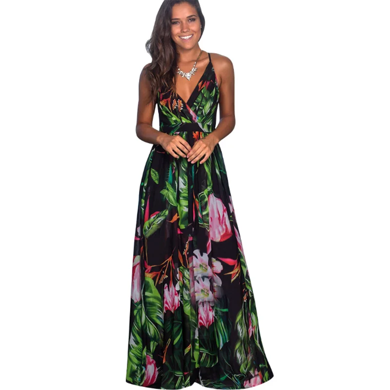 Женское длинное платье в стиле бохо разноцветное с тропическим листом джунглей