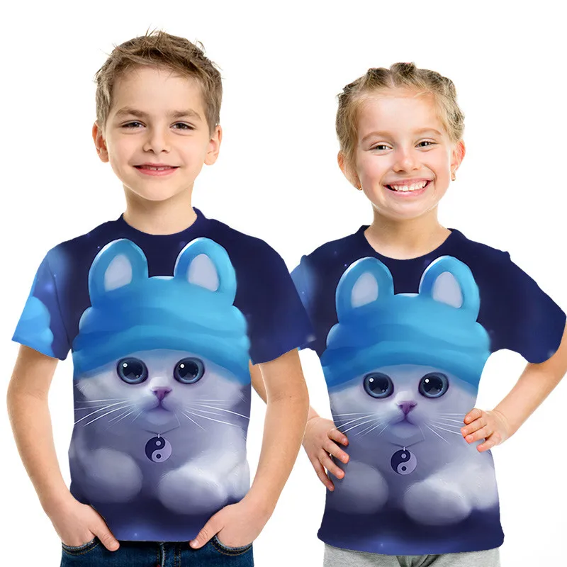 picture color Футболки для девочек и мальчиков, футболка с 3d принтом, Детская футболка с рисунком кота для девочек, летняя подростковая одежда для девочек 3, 4, 5, 6, 8, 10, 12, 13, 14 лет - Цвет: picture color