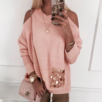 

Vicabo 2019 Sexy Off The Shoulder Solid Color Knit Sweaters Women Fashion Long Sleeve Casual Tops Winter Sequin Pocket Sweater