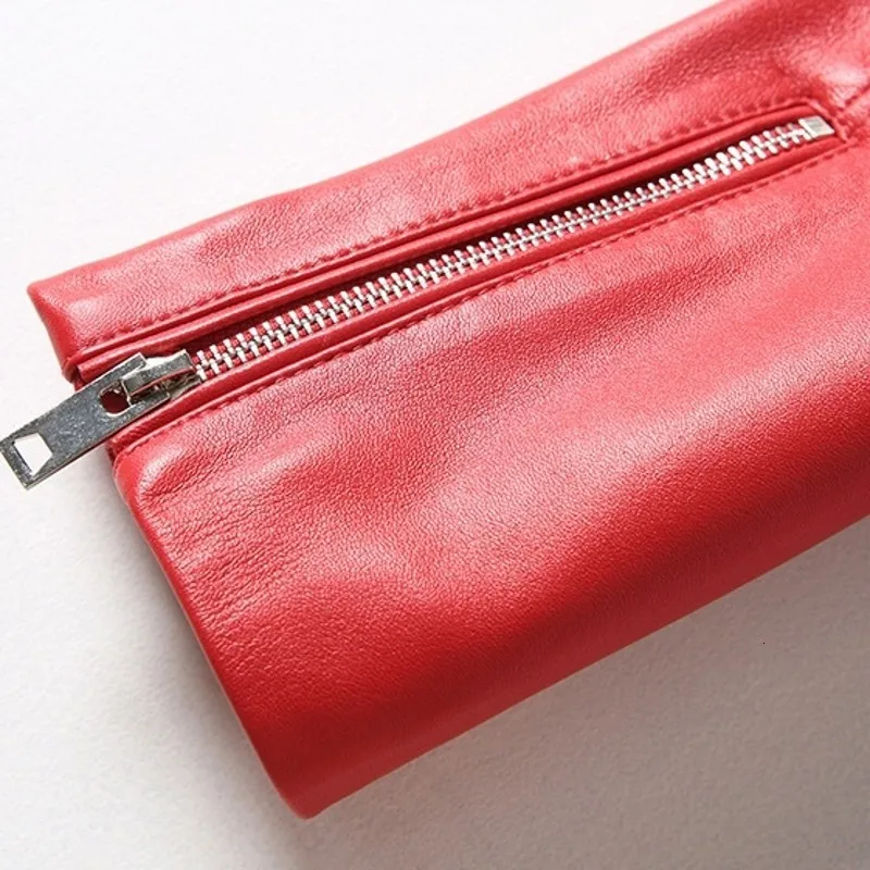 Новая модная женская куртка из натуральной кожи на молнии, короткие кожаные пальто высокого качества, роскошное пальто из овчины, тонкая красная одежда