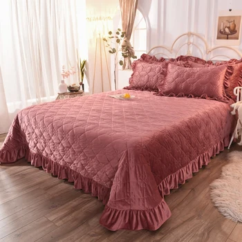 

Flannel Fleece Quilted Bedspread Pillowcase Ruffles Bed Cover Thicken Bedclothes Sheet Sandred Velvet Warm Home Linen Winter New