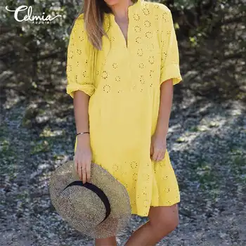 

Plus Size Sundress Celmia 2020 Summer Women Eyelet Embroidered Knee-length Dress Casual Cotton Linen Beach Vestidos Robe Mujer