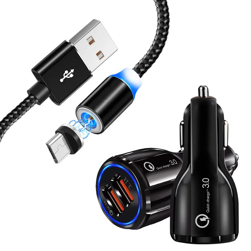 EU charger and cable Для samsung galaxy A10 M10 A2 Core J4 J6 J8 A6 A7 Android мобильный телефон светодиодный магнитный Micro USB кабель QC 3,0 быстрое автомобильное зарядное устройство - Тип штекера: EU charger and cable