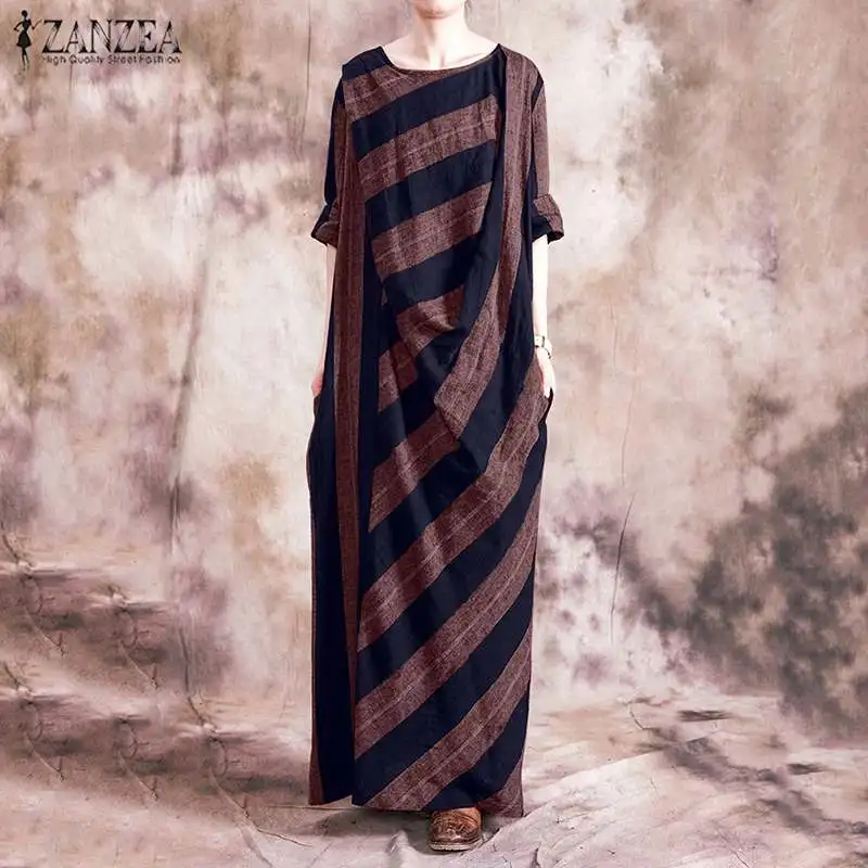 

ZANZEA Women's Casual Sundress Kaftan Summer Striped Maxi Dress Long Sleeve Vestidos Female O Neck Robe Plus Size Tunic Robe