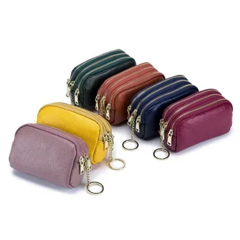 

New Multifunctional Keychain Coin Purse Solid Color Square Top Layer Leather Three Zipper Large Capacity Storage Bag