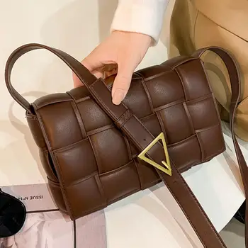 

PU Leather Womens Handbag Vintage Shoulder Messenger Bag Weave Square famous brand Crossbody Bag New High-quality