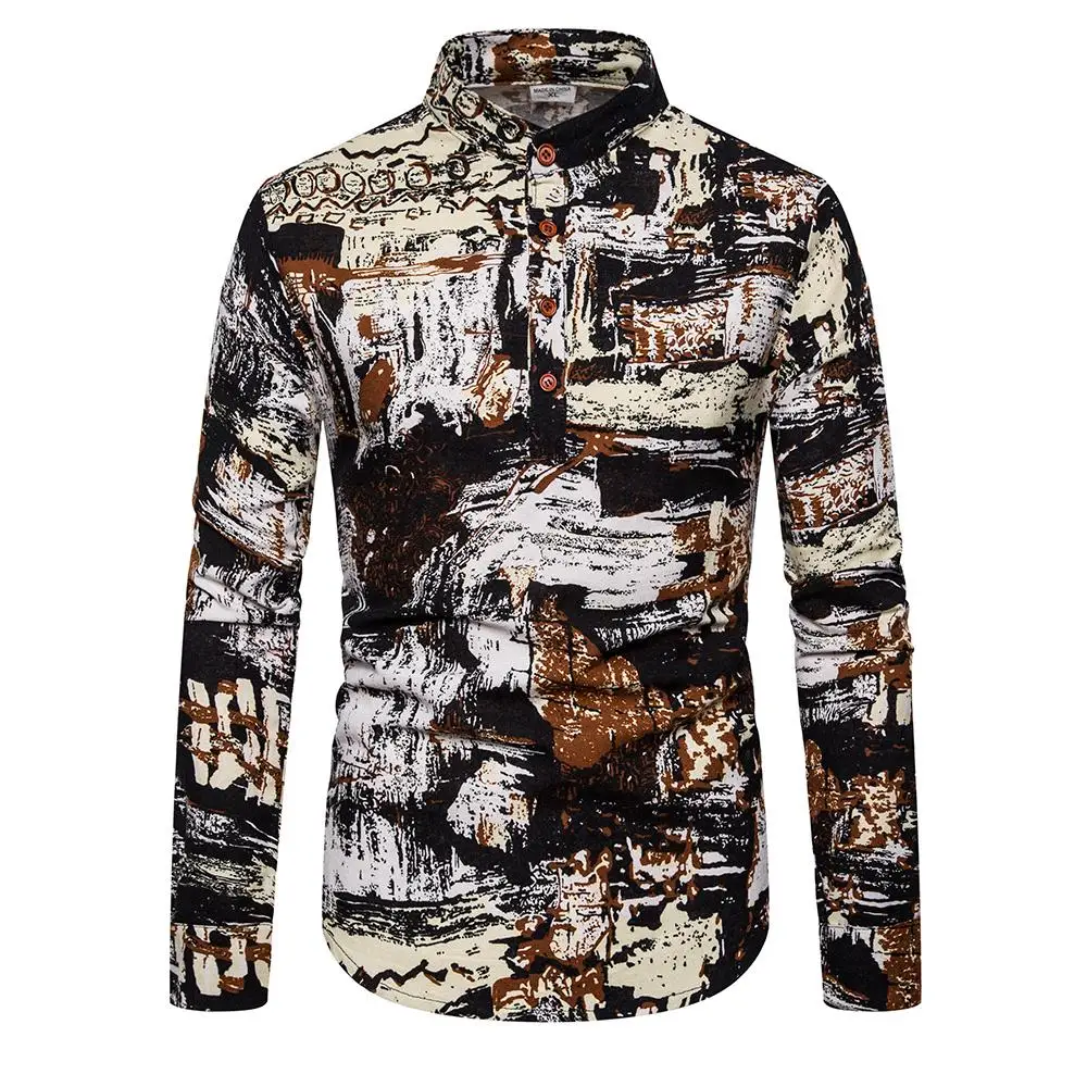 

Stand collar Shirt for Men Hip hop graffiti Unique button design Linen Shirts Men Casual Blouse Man New
