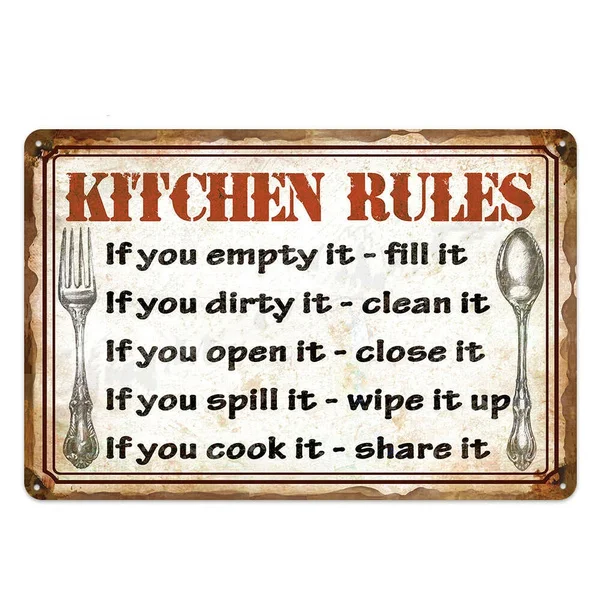 Vintage Kitchen Rules Metal Tin Sign 8x12 Inch Retro Wall Decor