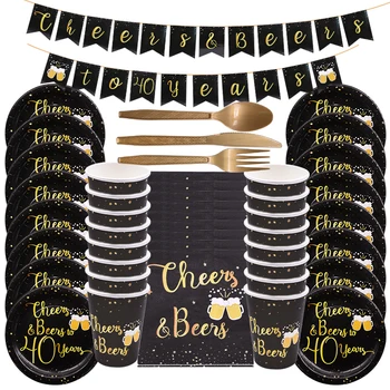 

Cheers To 30 Years 30/40/50/60th Birthday Party Decor Adult Birthday Tablewares Black Gold Cup Plates Napkin Anniversary Cutlery