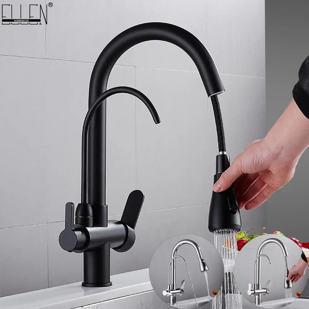  Deck Mounted Black Kitchen Faucets Pull Out Hot Cold Water Filter Tap for Kitchen Three Ways Sink M - 32992383959