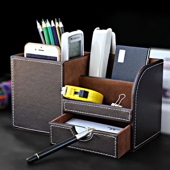 

YIWUMART Leather Desktop Storage Box Multifunctional Stationery Remote Control Finishing Organizer Office Home Accessories