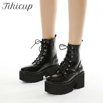 online Tikicup Botas De Plataforma Chunky De Couro Feminino Goth 15cm Ultra Salto Alto Botas Senhoras Rendas Até Sapatos Góticos Pretos