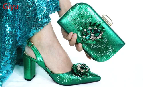 

doershow new Shoes and Bag Set African Sets 2019 green Color Italian Shoe Bag Set Decorated with Rhinestone High Quality! HAC1-17