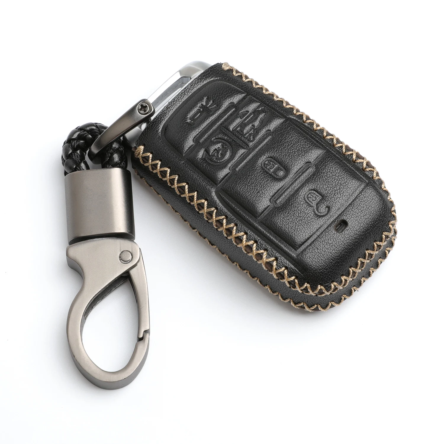 

WFMJ Black Leather for 2019 2020 2021 2022 RAM 1500 5 Buttons Key Fob Case Holder Cover Chain