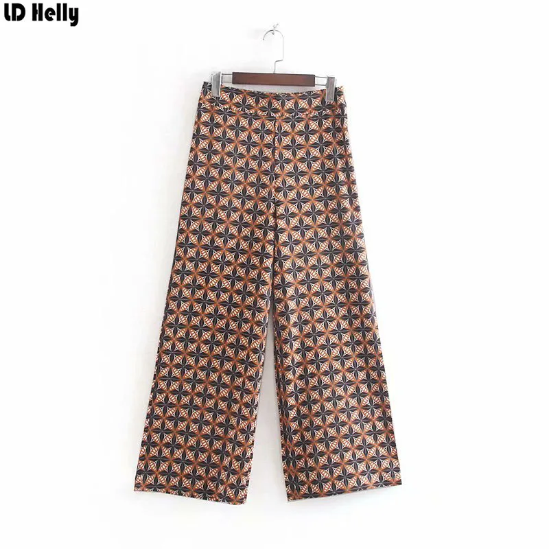 

LD Helly Women Geometric Pattern Printed Wide Leg Pants Fashion Zipper Pockets Female Loose Cozy Ankle-Length Pants Trousers