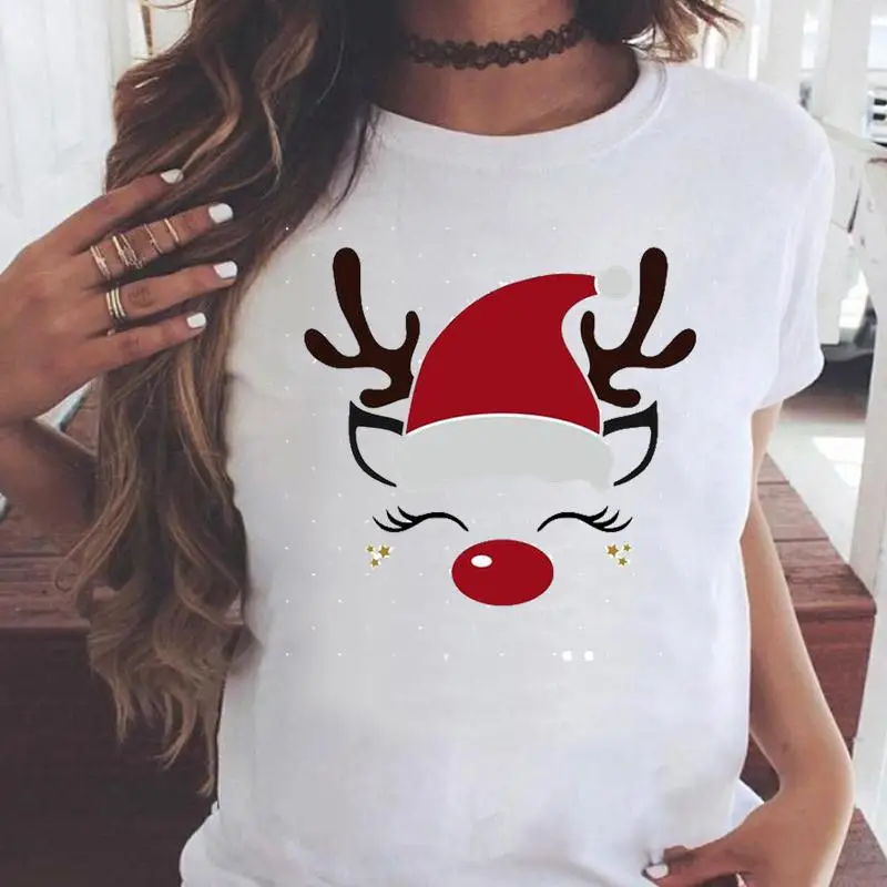 Women 2022 T Top Face Funny Trend Fashion Happy Holiday Christmas Print
