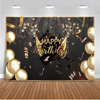

Happy Birthday black wall Balloons Champagne Party Backdrop for Photography Gold Decoration for Photographic Photo Prop
