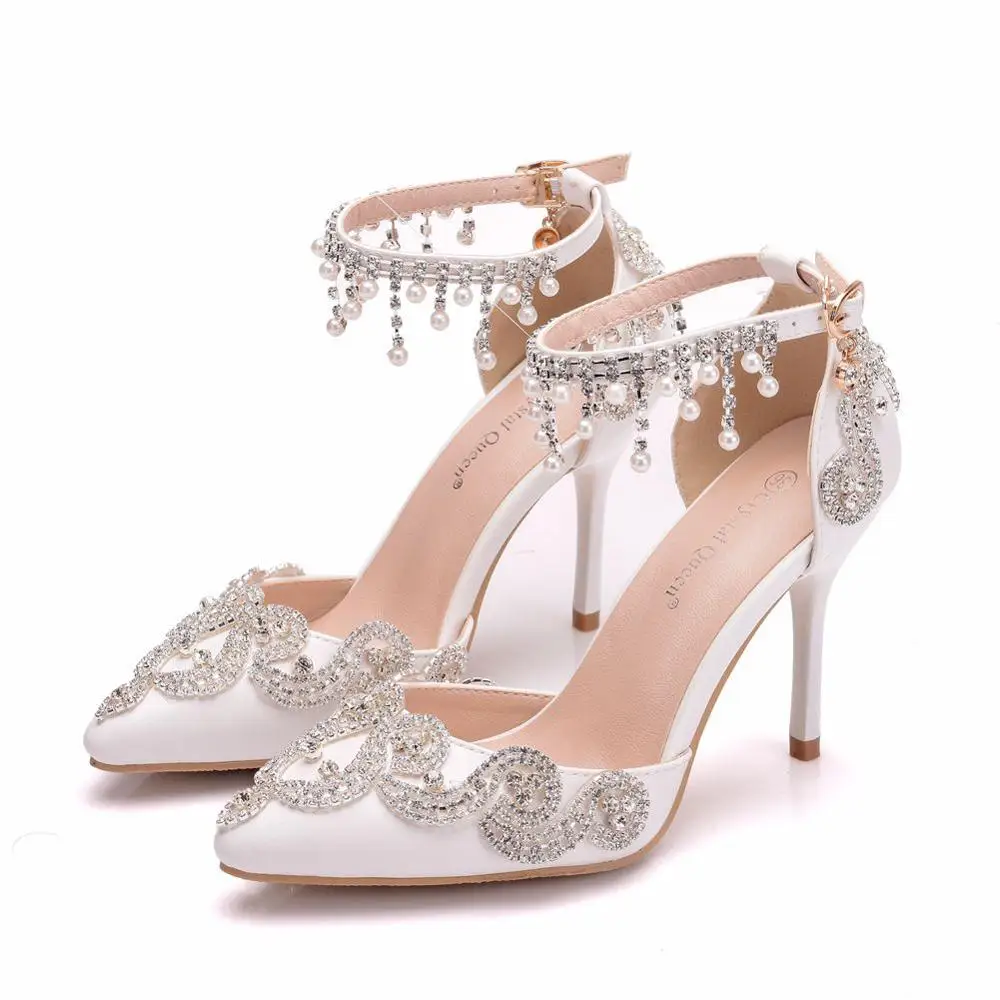 Женская обувь с кристаллами «Королева»; свадебные туфли на высоком каблуке; белые блестящие вечерние модельные туфли со стразами; обувь для невесты; сандалии с кристаллами - Цвет: Белый