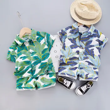 

Fashion Toddler Baby Kid Boy 2PCS Outifit Set Banana Leaf Print Short T-shirt + Short Solid Pants Gentelman Boys Clothes Sets