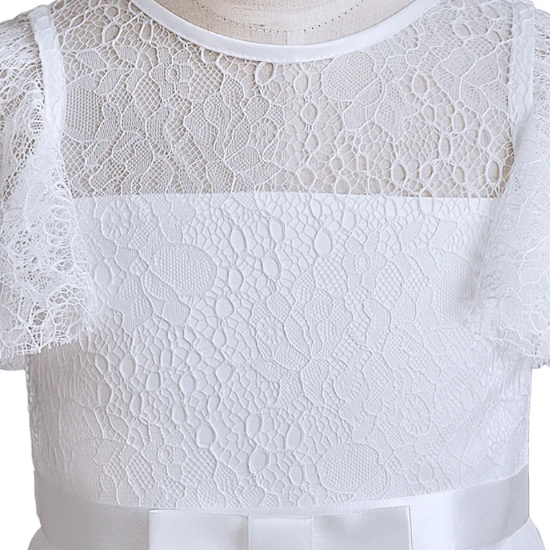 Girl Princess Vintage Lace Dress Long Child Gauze Floral Vestido Bow White Ivory Birthday Party Wedding Baby Clothes 4-13Y