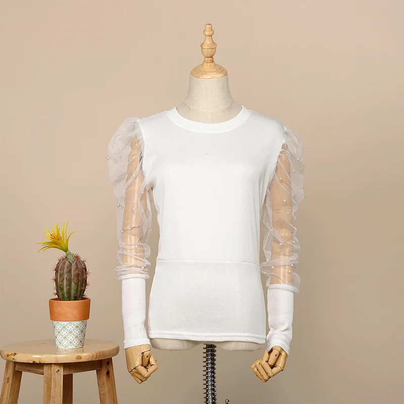 Mesh Women's Blouses Lace Puff Sleeve Fashion Elegant Shirt 2020 Autumn Spring Female Solid Pearl Beaded Tops Ladies Blouse
