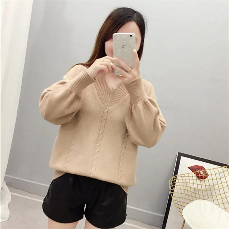 

Spring Solid V-Neck Loose Elastic Pullovers Sweaters Women Autumn Winter Khaki Bottoming Knitted Sweater Female Soft Jumper