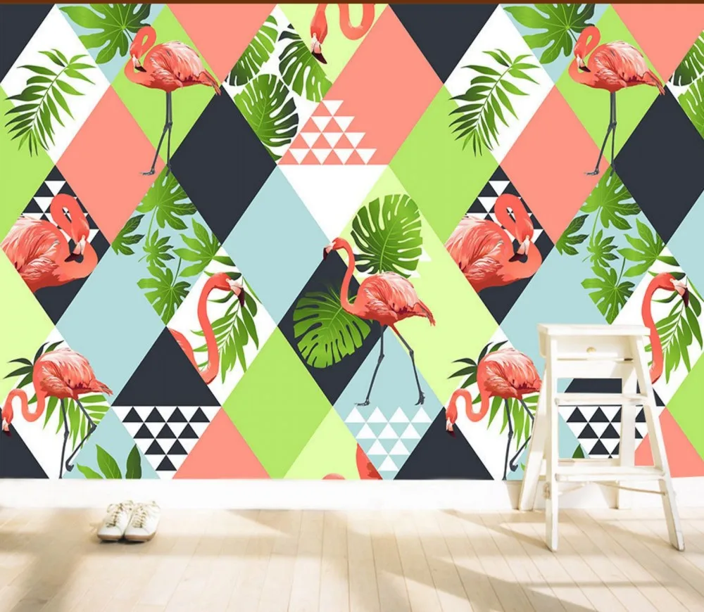 

Drop Shipping Custom 3d Wallpaper Nordic Mosaic Geometric Flamingo Leaves TV Background Wall Wallpaper In Kids Bedroom