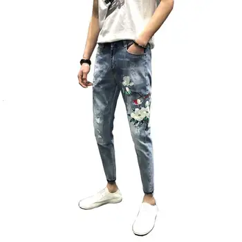 

2019 New Flower Embroidered Jeans Men Straight Slim Fit Mens Letter Printed Biker Denim Trousers Jeans Pants Skinny-jeans-men