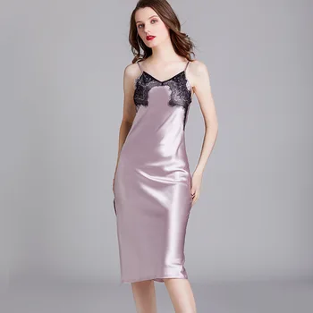 

Satin Spaghetti Strap Nightdress Nightgown Spring Summer New Sleepwear Intimate Lingerie Lady Silky Lace Nightwear Home Clothes