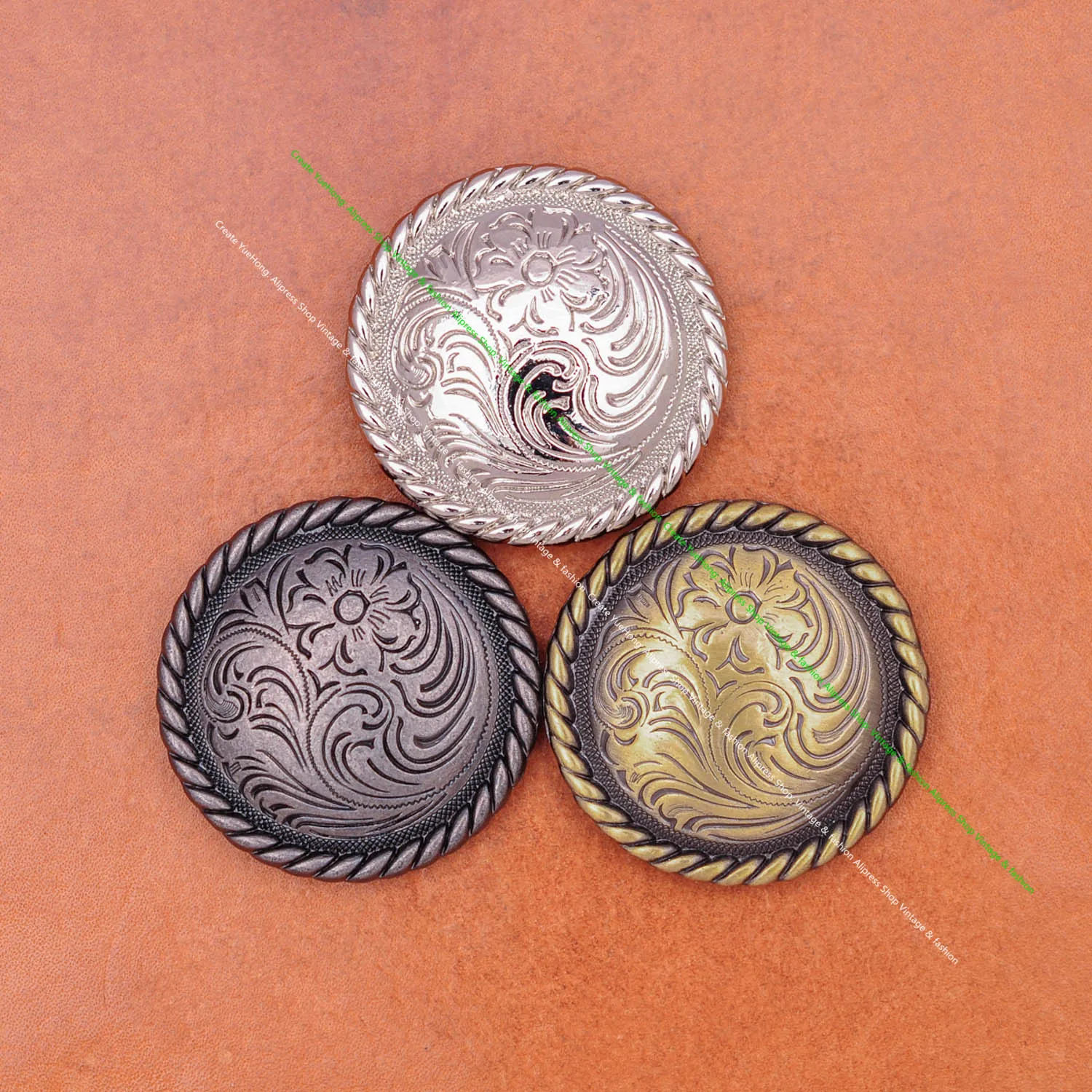 6 Stück 37 mm silberne westliche Blume, geschnitzter Pferdesattel, Kopfstall, Zaumzeug, Conchos-Verschluss mit langem Schraubverschluss – Detail 24