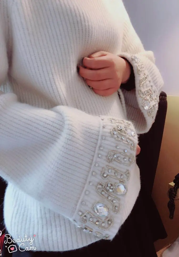 Роскошный свитер ручной работы с бусинами, осенне-зимние топы для женщин, свободный свитер с длинным рукавом, пуловер
