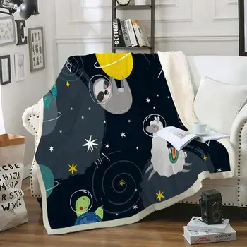 

Cute Cartoon Animal Sherpa Blanket Sloth Plush Throw Blanket Turtle Alpaca Chameleon in Space Bed Blanket for Kids Doodle Design