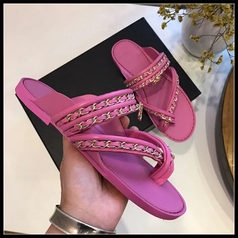 

2019 Women Slippers Brand Metal Chain Desginer Genuine Leather Women Flip Flops Desgin Woman Slipper Summer Beach Shoes