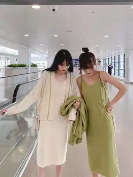 

Fashion Women Knitted Long Sleeves Cardigan Coat Sling Dresses Two-piece Women Comfort Sweater Tops Dress Sets Women Autumn New