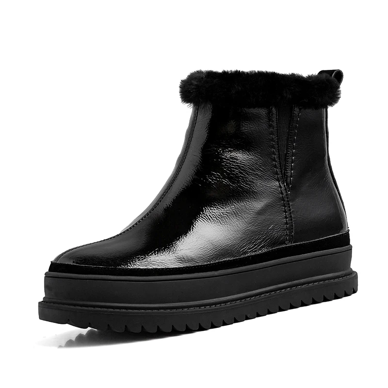 Women Fur one Snow Boots Brand Top Quality Genuine Leather Cow Suede Zipper Closure Winter Lady Ankle Boots Handmade size34-43 - Color: Black