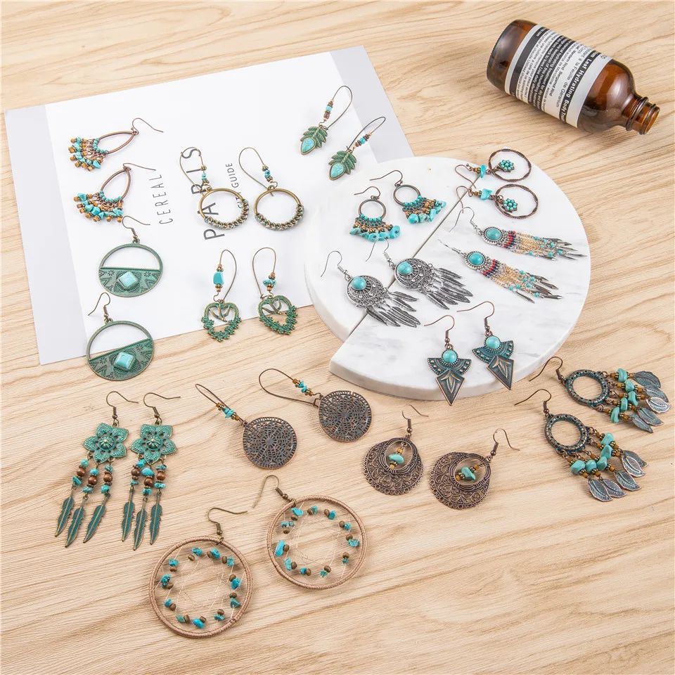 Bohemian Style Earrings For Women Vintage Ethnic Round Natural Stones Long Tassel Fringe Earrings Personalized Statement Jewelry (2)