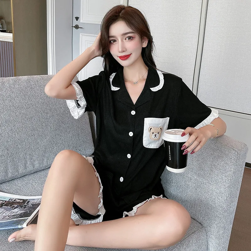

Cotton Lady Pajamas Suit Sexy 2PCS Sleepwear Nightgown Pocket Nightwear Homewear Summer Pijamas Sleep Sets Loose Shirt&Shorts