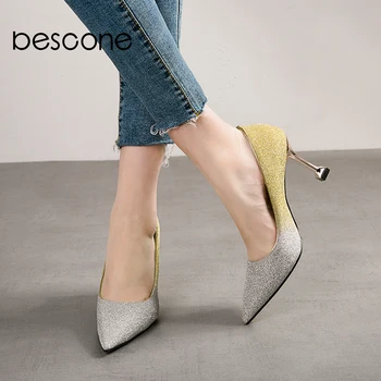 

BESCONE Fashion Mixed Colors Pumps Fashion Design Large Size 33-42 Thin High Heel Shallow Shoes Women's New Handmade Pumps BO321