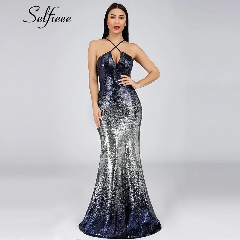 Модные расшитые блестками летние макси платья Русалка Bodycon без рукавов Холтер женские длинные летние вечерние платья Robe Femme