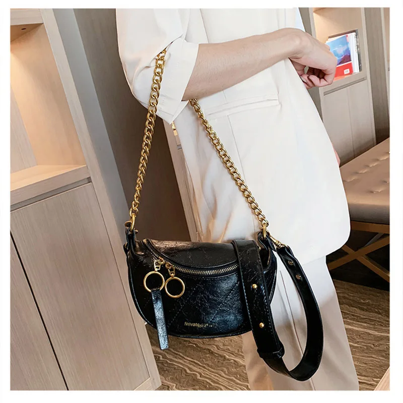 New Fashion Leather Fanny Pack Chain Fanny Pack Zipper Banana Bag Chest Bag Women High Capacity Anti-theft Shoulder Kidney Bag